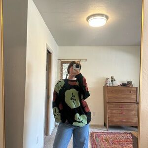 bp oversized Floral Pattern Black Sweater with Green and Rust Accents